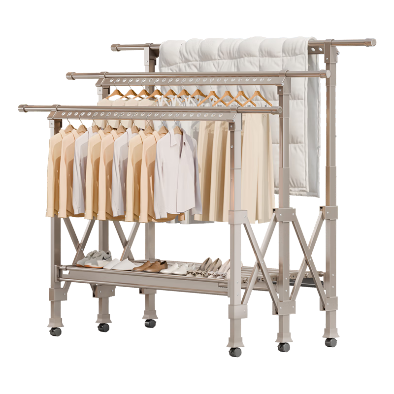 Cenggao Foldable Retractable Clothes Drying Rack, Indoor Balcony Home Use Quilt Clothes Hanger, Three-Pole Champagne Gold Small Size