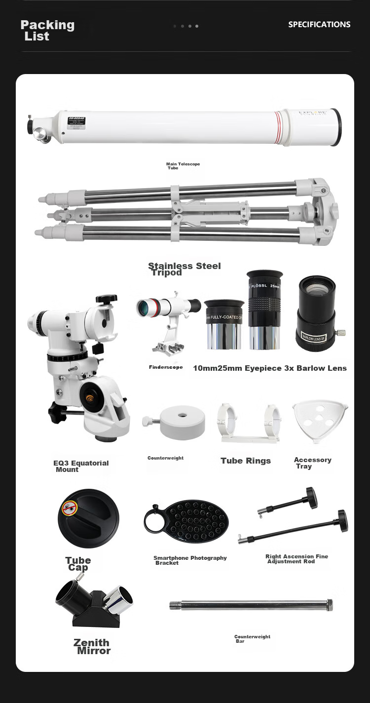 EXPLORE SCIENTIFIC Astronomical Telescope 90EQ3 High-Definition High-Magnification Large-Aperture Professional-Grade Stargazing Student Science Education Gift 24