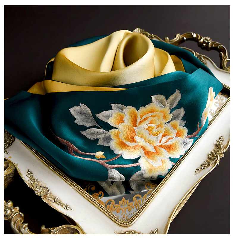 Hangsi Mansion Su Embroidery Silk Scarf Shawl Mulberry Silk Luxury Set Birthday Holiday Gift for Mom - Butterfly Green 26