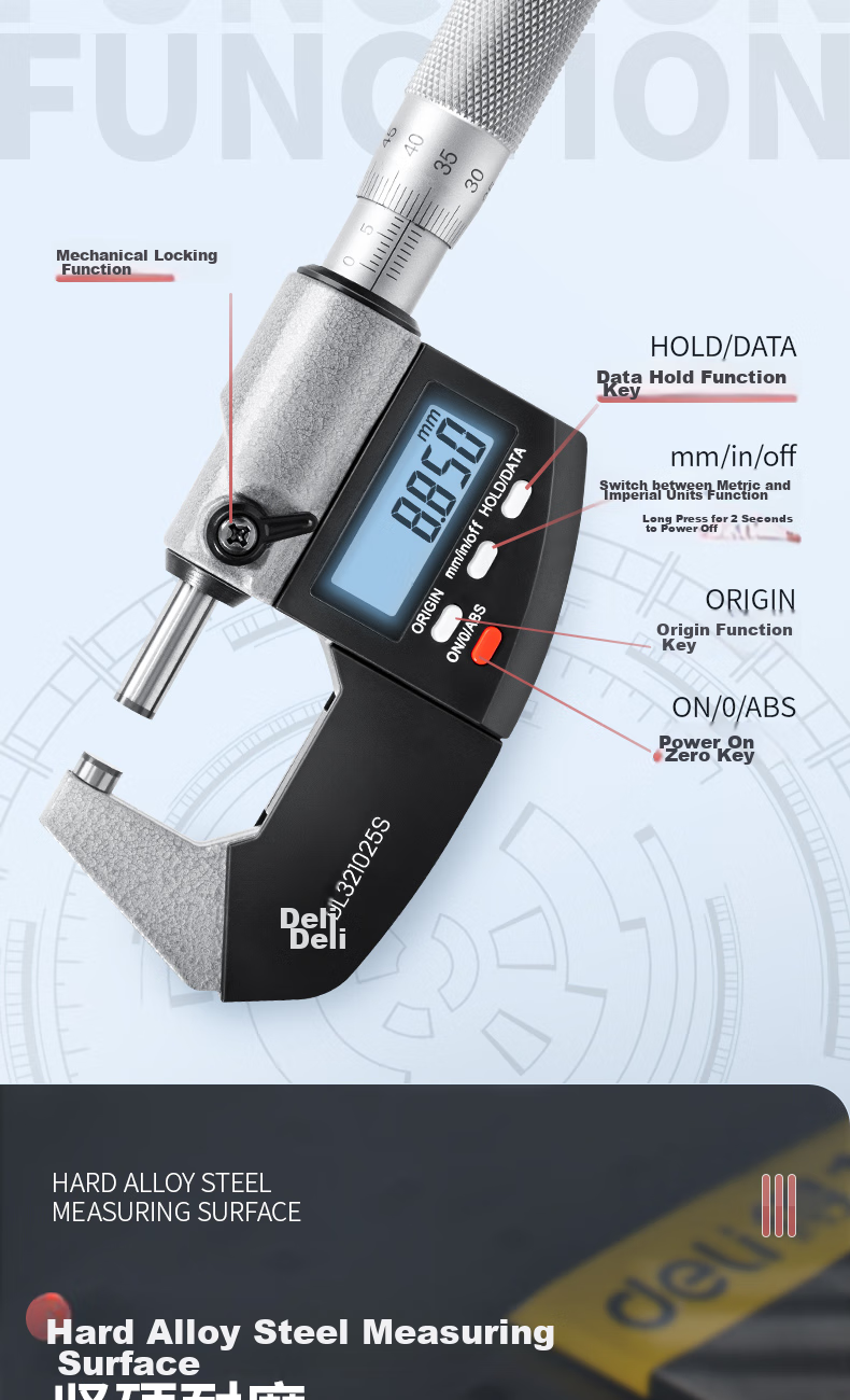 Deli Digital Dial Caliper, Dual-Use Micrometer with External Diameter Gauge, 0.001mm High-Precision Thickness Gauge, Vernier Caliper 10