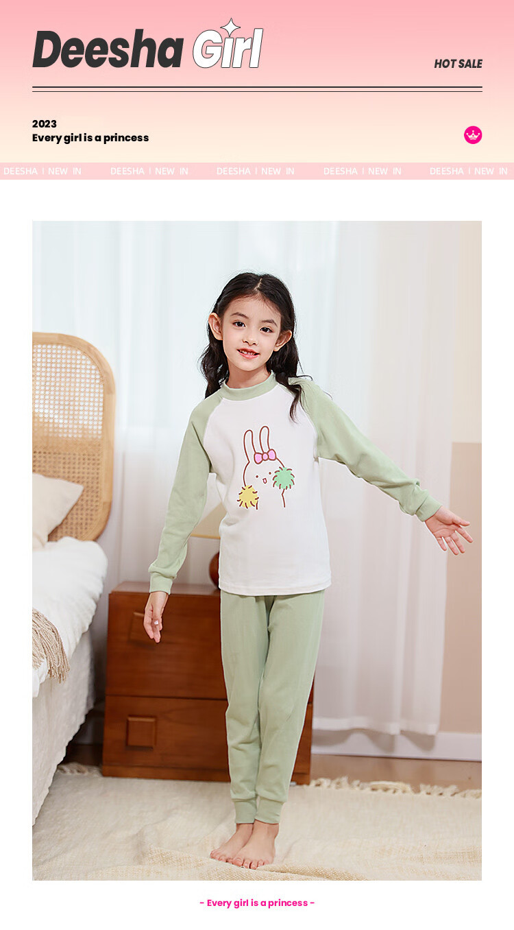 DEESHA 5A Antibacterial 100% Cotton Girls' Thermal Underwear, Student Mid to Big Kids Autumn Top And Pants, Light Pink Heart Rabbit, Size 120 1
