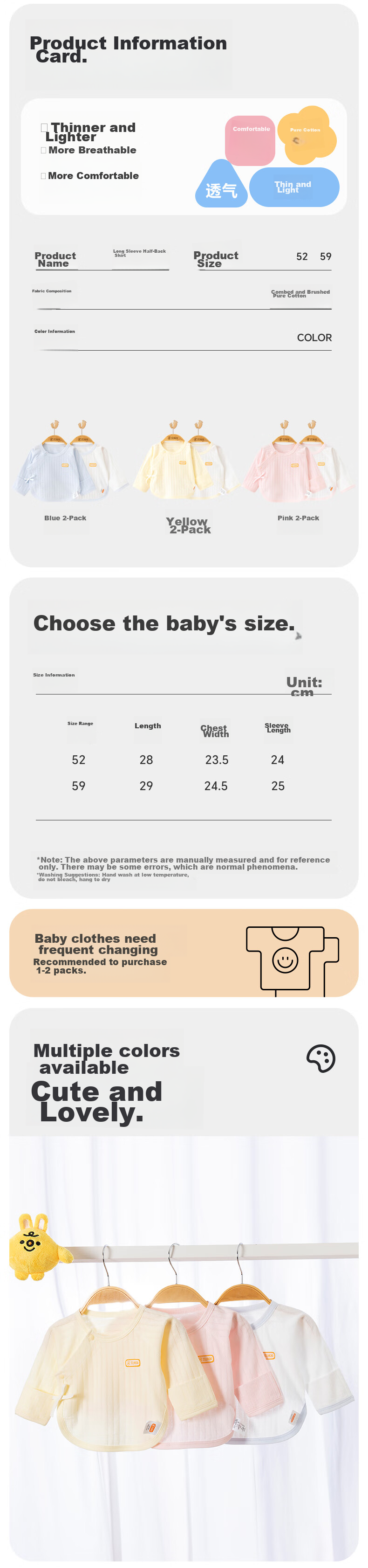Babyprints Newborn Top 2-Piece Set, Baby Long-Sleeve Half-Back Shirt, Newborn Baby Monk Robe, All-Season Pure Cotton Thin Style, Pink 59 2