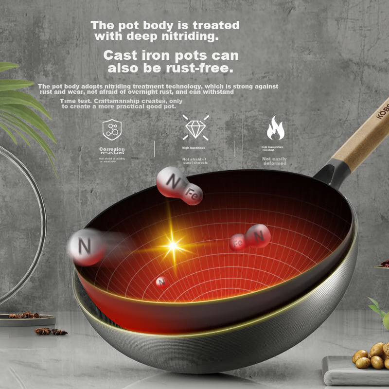 KOBACH Iron Wok, Non-Coated Frying Pan, Large Capacity Cooking Pot, 32cm Lightweight, Suitable for Home Use, Compatible with Induction And Gas Stoves
