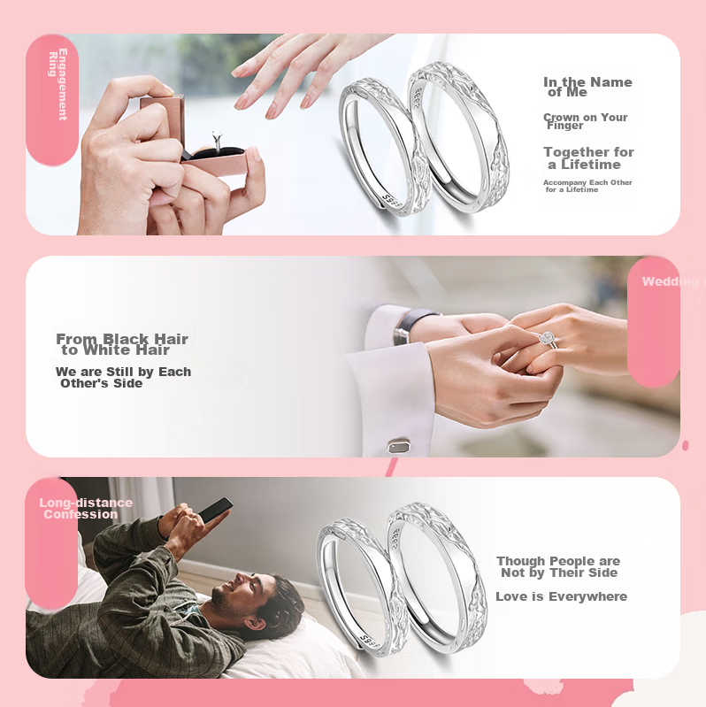 MANHE S999 Sterling Silver Couple Rings, One Pair of Engagement Diamond Rings, Adjustable Women's And Men's Birth Ring, Valentine's Day Gift 1