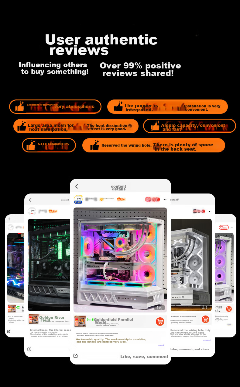 Golden Field Parallel World Black Gaming Computer Desktop Case Compatible with Dual 360mm Water Cooling ATX Motherboard Three-Sided Quick Release Supports Back Mounting 270° Panoramic View 4