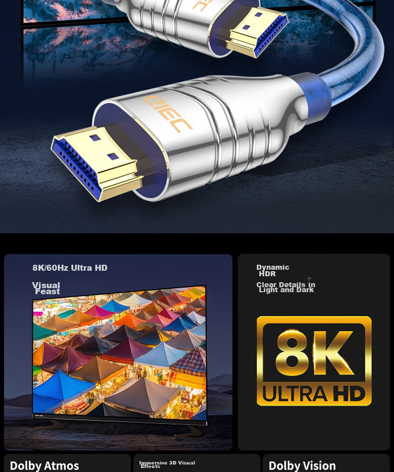 GIEC HDMI Cable Version 2.1, 8K60Hz 4K120Hz Digital High-Definition Cable Compatible with HDMI2.0, Video Connection Cable for Laptop Set-Top Box to TV Projector, 0.5 Meters 2