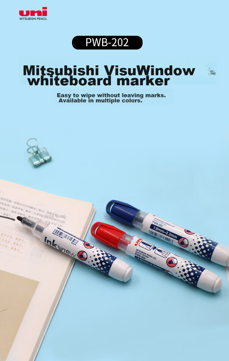 Uni Mitsubishi Erasable Whiteboard Marker PWB-202 Office Stationery Children's Marker Pen, 1.8mm-2.2mm Black, 12-Pack 1