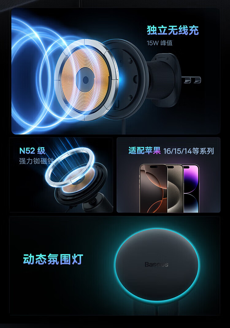 Baseus Car Wireless Charger, Magnetic Phone Holder, Dual-Use Fast Charging, Compatible with Huawei And IPhone 15/16 2