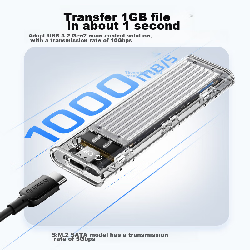Внешний корпус ORICO M.2 NVMe SSD, 10 Гбит/с, интерфейс Type-C, прозрачный металлический/синий, TCM2-C3