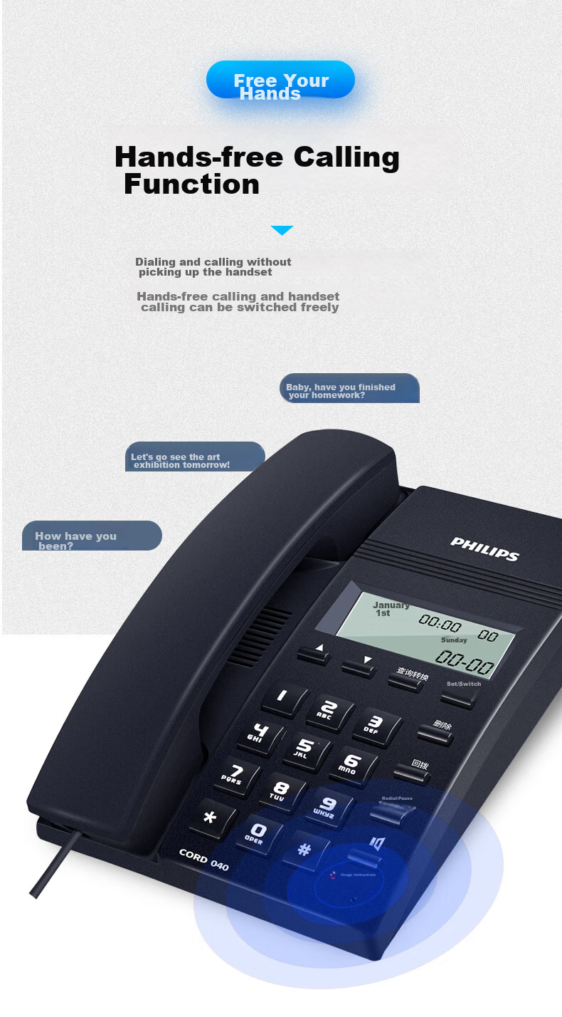 PHILIPS Landline Telephone, Corded Phone for Office And Home Use, Hands-Free Calling, Battery-Free, Caller ID, CORD040 Blue 3