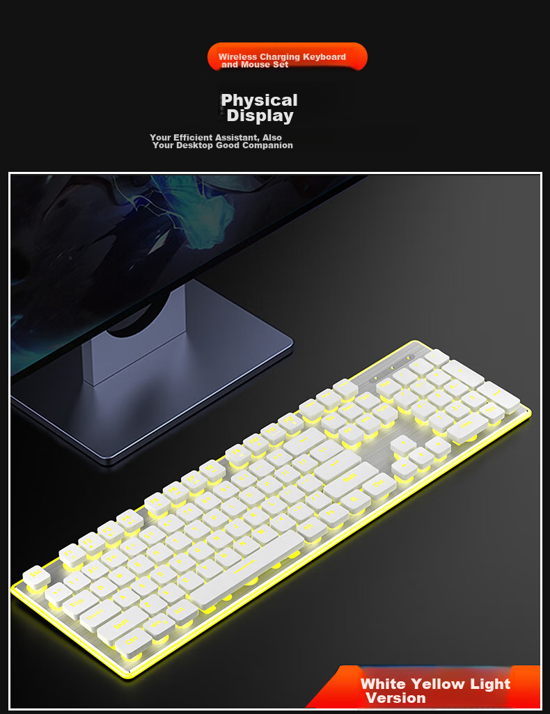EWEADN X7S Wireless Keyboard And Mouse Combo, 108-Key Office Keyboard, Low-Profile Keyboard for Office, E-Sports Gaming, Universal for Desktop And Laptop Computers, Rechargeable Keyboard, White with Yellow Light 11