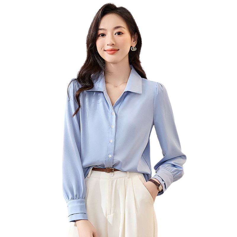 Chushen Long-Sleeve Satin Blouse for Women, Stylish Professional Commute Casual White Shirt S43S002 Size L
