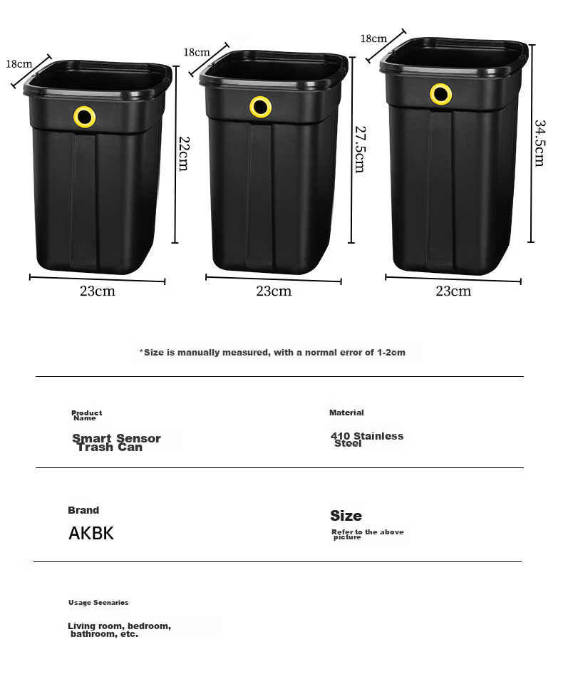 AKBK Stainless Steel Smart Sensor Trash Can, 12L Black, Automatic Large Capacity, for Living Room, Kitchen, Bathroom, Toilet, Electric 4