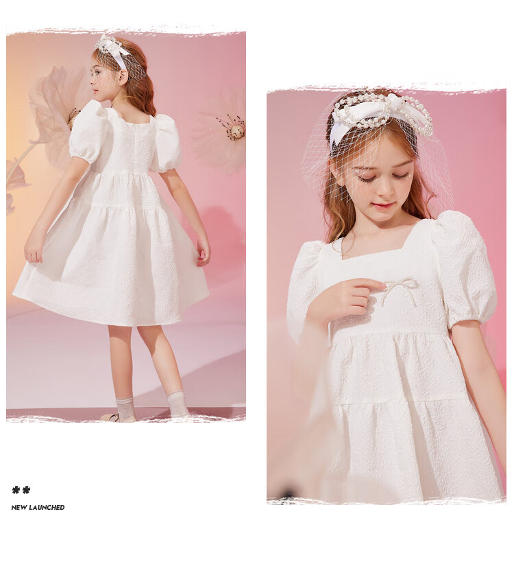 ASK JUNIOR Girls' Summer Dress with Puff Sleeves, Princess Style, Beach Vacation-Inspired White Dress 9