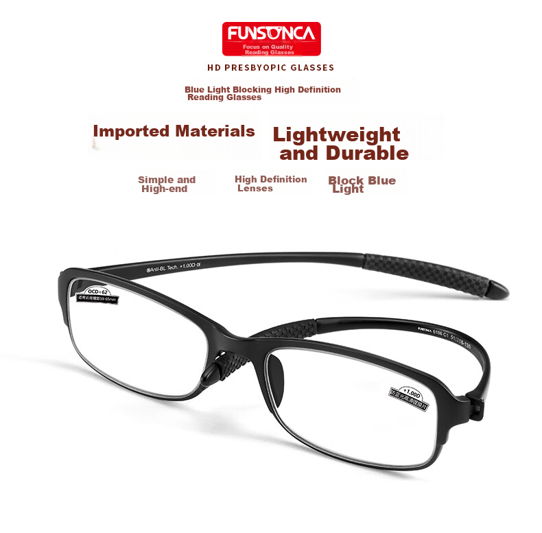 Funsonca Anti-Blue Light Ultra-Light Imported Material Non-Metallic Reading Glasses for Men And Women, Comfortable, Durable, Non-Slip Eyeglasses, Red, 200 Degrees 1