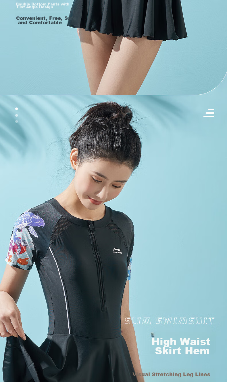 Li-Ning One-Piece Swimsuit for Women, Dress-Style Slimming Swimwear, Comfortable Breathable Hot Spring Resort Swimwear 088 Black M 8