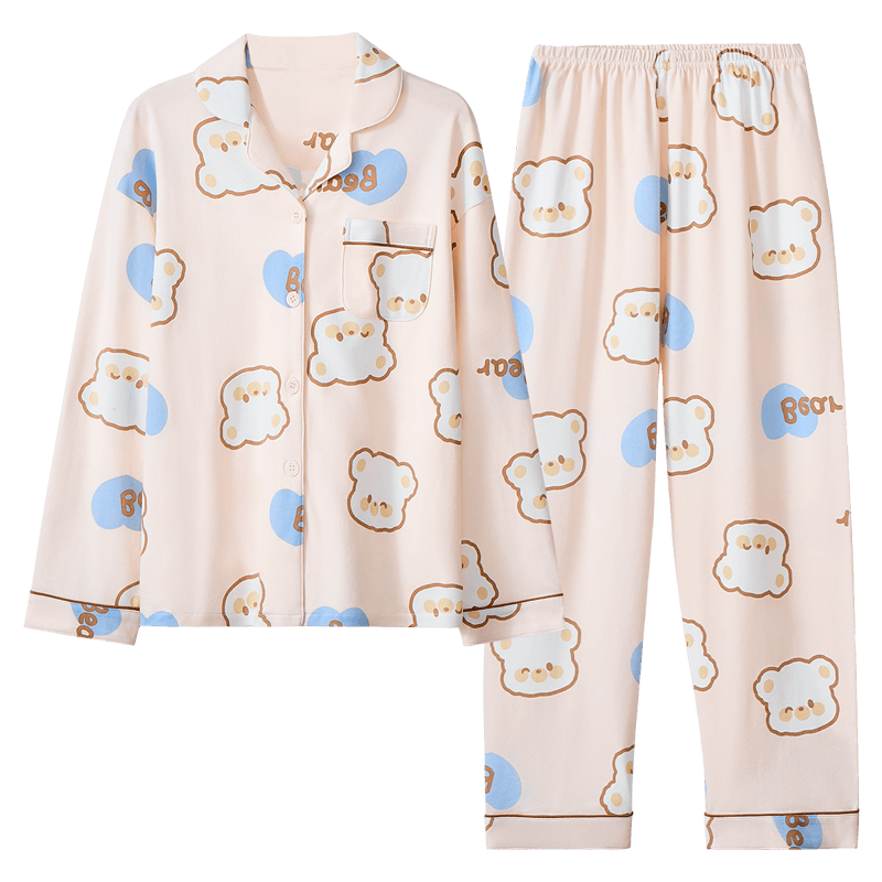 LangSha Children's Pajamas for Girls, Spring And Autumn Pure Cotton Antibacterial Long-Sleeve Collared Loungewear Set for Older Children, Light Pink 150