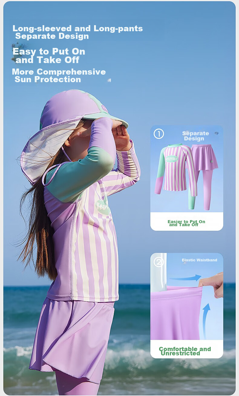 Kocotree Children's Swimwear, Girls' Two-Piece Swimsuit, Class A Boys' And Girls' Long-Sleeve Sun Protection Swimwear for Older Childre 14