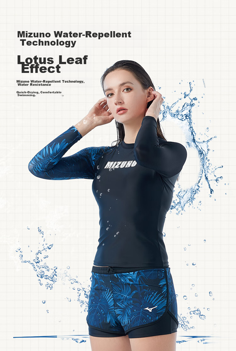 MIZUNO Women's Two-Piece Long Sleeve Sunscreen Quick-Dry Sports Swimwear Conservative Slimming Beach Shorts G3302 Black L 9
