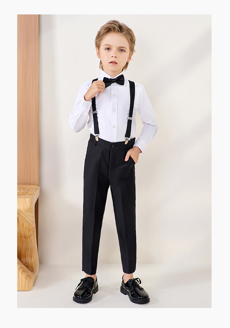 ROMON Children's Formal Wear, Holiday Performance Outfit, Boys' Graduation Host Long-Sleeve Long Pants Suspender Suit, Black, Size 170 9