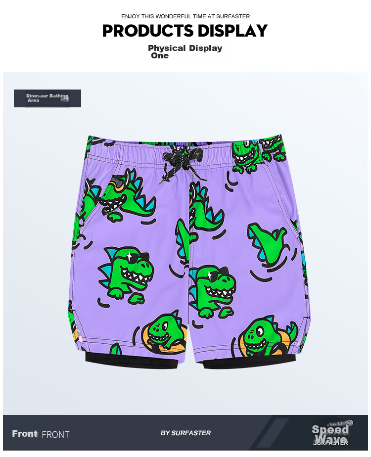 Sulang Hot Spring Swim Trunks for Men, Double-Layer Surfing Beach Swimming Anti-Embarrassment Dinosaur Bath [Double-Layer Swim Trunks] M 9