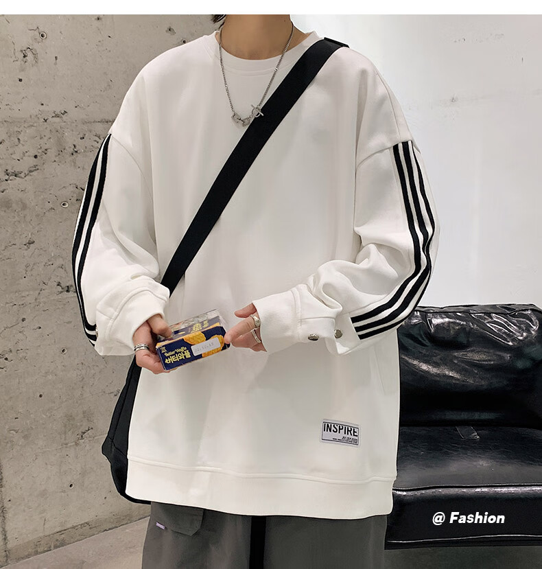 Foss Phil Men's Sweatshirt, Spring And Autumn Casual Loose Long-Sleeve T-Shirt, Striped Round Neck Top, 8801 Black M 11