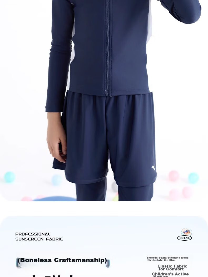 ANTA Children's Two-Piece Swimsuit, 2024 Summer New Style, Boys' Swimwear, Square-Leg Swim Trunks, Long-Sleeve Hot Spring Bathing Suit, Blue, Size 130 7
