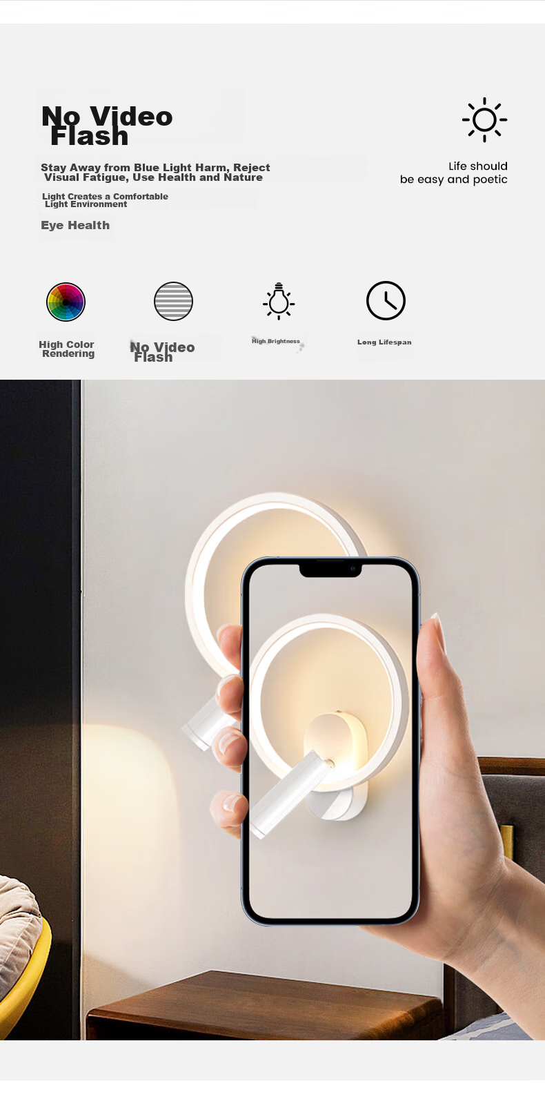 Dengling Wall Lamp, Full Spectrum Eye Protection LED, Bedroom Bedside Reading Light, Rotating with Spotlight, Modern Minimalist Lighting Fixture 9