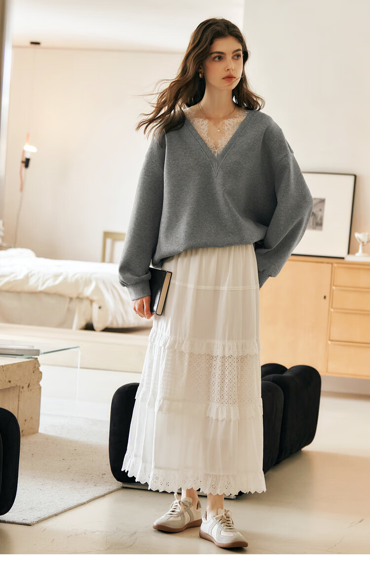 Oulain French V-Neck Sweatshirt for Women, Spring New Style Distinctive Lace Casual Pullover Top, High Gray, Size S 17