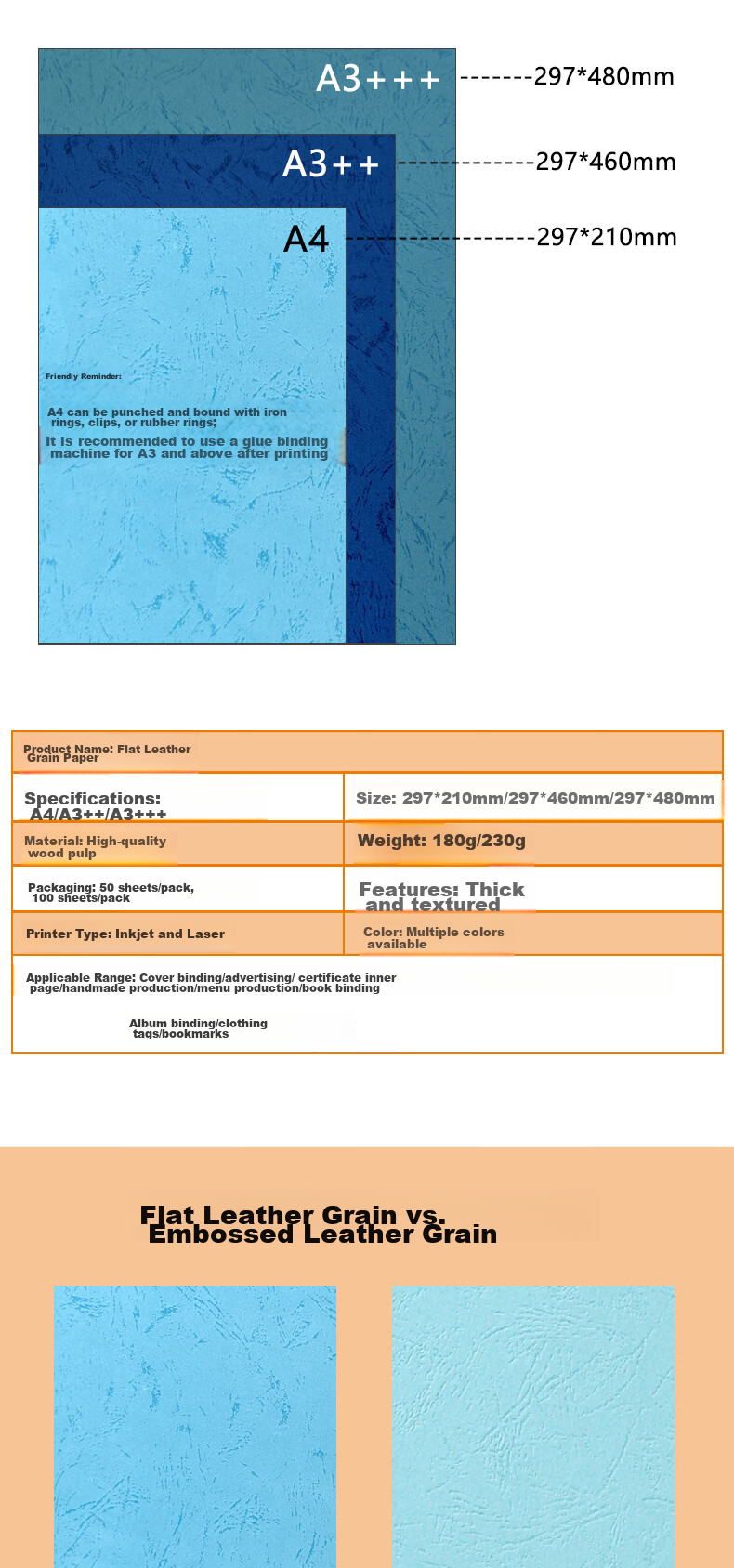 DOCON 180g A3++ Flat Leather Texture Paper, Sky Blue, 100 Sheets Cover Paper, for Glue Binding Machine And Stapler, Imitation Leather Texture Paper for Tender Documents, Cover Paper, Cloud Paper 5