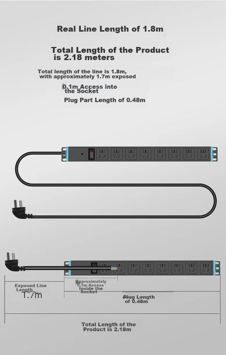 Kyfen PDU Cabinet Socket, 8-Outlet Master Control, 10A, 3 Meters, Lightning Protection, 1.5mm Flat Cable Diameter, 42mm Large Spacing, 360° Rotating Bracket, High-Power Socket 2