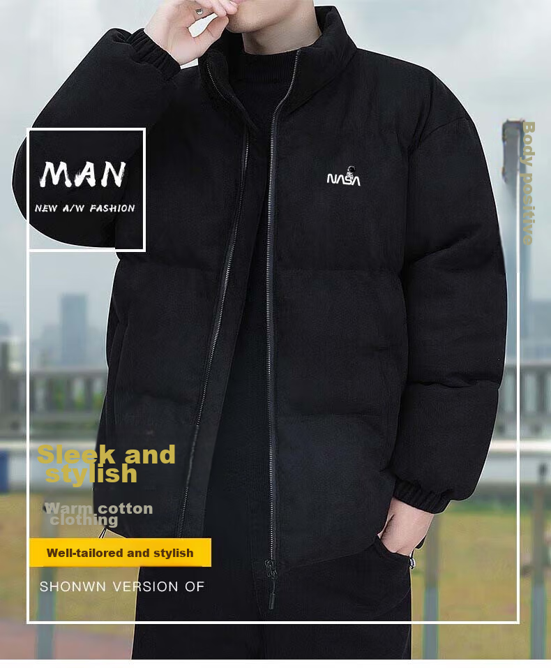 NASA MARVEL Cotton Jacket for Men, Winter Coat, Thick Padded Stand Collar, Suede Trendy Loose-Fit Versatile Couple's Outfit for Me 5