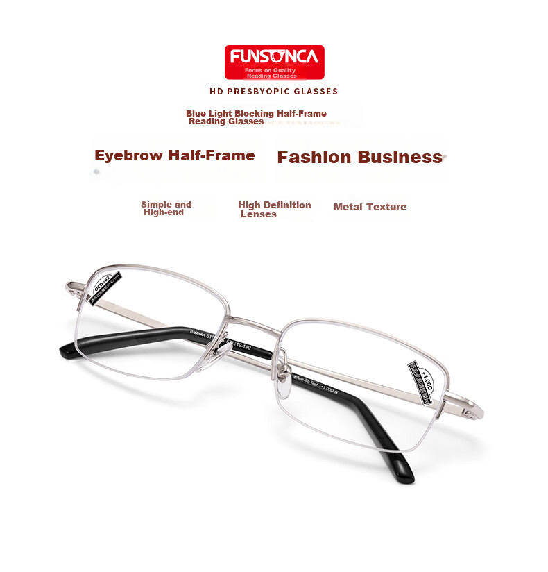 Funsonca Anti-Blue Light Comfortable Ultra-Light Fashionable Reading Glasses for Men And Women, Metal Durable Business 6100, -1.00 Diopter 1