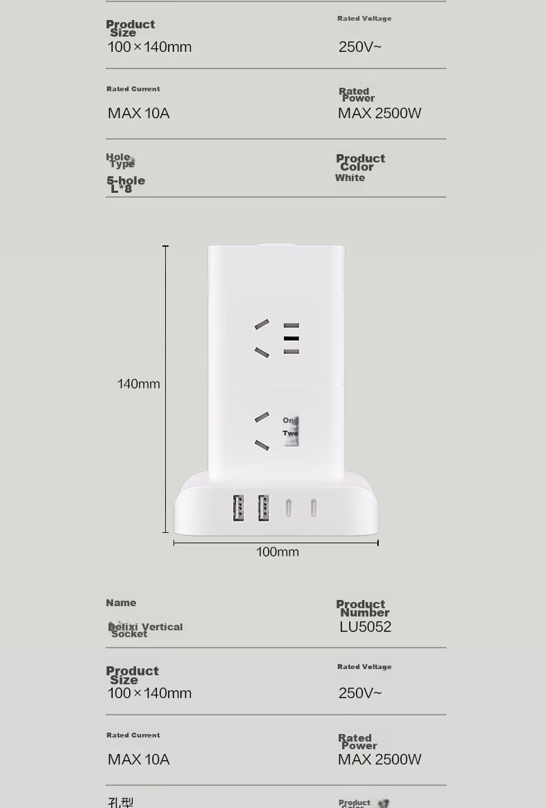 Deli Vertical Power Strip, Power Bar/Extension Cord/Power Board/Line Cord, Master Switch 12 Outlets + 2 USB + 2 TYPE-C, Total Length 1.8 Meters, Overload Protection, LU5054 13