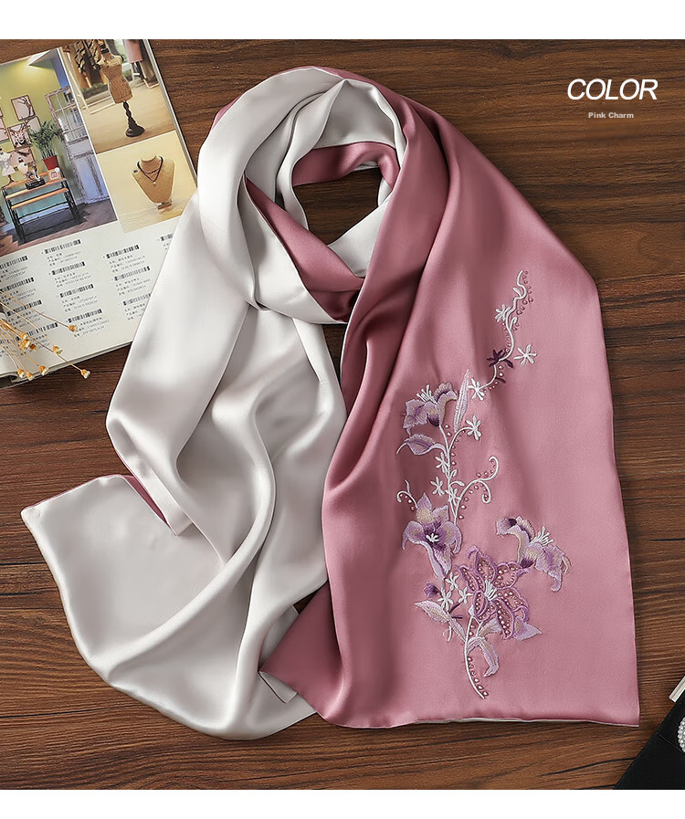 Shanghaigushi Silk Scarf for Women, Double-Layer Embroidery, 100% Mulberry Silk, Gift Box for Mom on Mid-Autumn Festival, Birthday Present, Purple And White 30