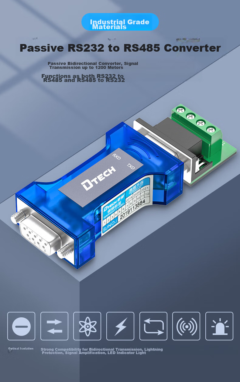 DTECH Passive RS232 to RS485 Converter, Optical Isolation Type, with Indicator Light, Industrial Grade, 9-Pin Serial Bidirectional Communication Protocol, Lightning Protection Converter, DT-9015 1