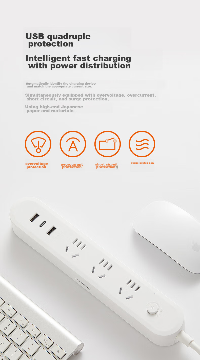 Jiwuqingzhi Multifunctional USB Colorful Power Strip with Type-C Port, 30W Fast Charging PD Power Strip/Extension Cord/Power Bar, Compatible with Apple 16, Huawei, Xiaomi Phones, Tablets, IPad 4