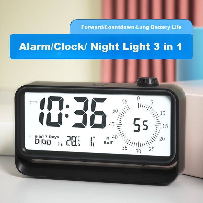 Compas Electronic Student Alarm Clock, Visual Timer, Night Light, Children's Countdown Time Management Device, 2818 Black, New Year Gift, Back-To Seaso