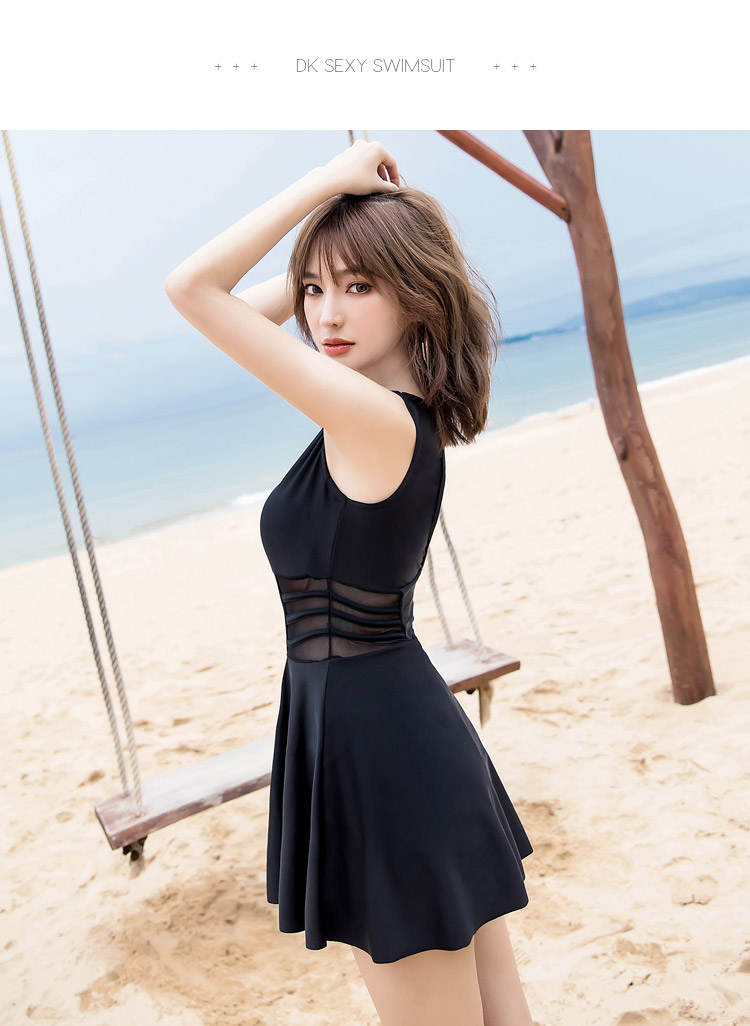 DK Swimsuit for Women, Sexy Small Chest Conservative Tummy-Covering Slimming Korean Hot Spring One-Piece Dress-Style Swimwear, Black, M 4