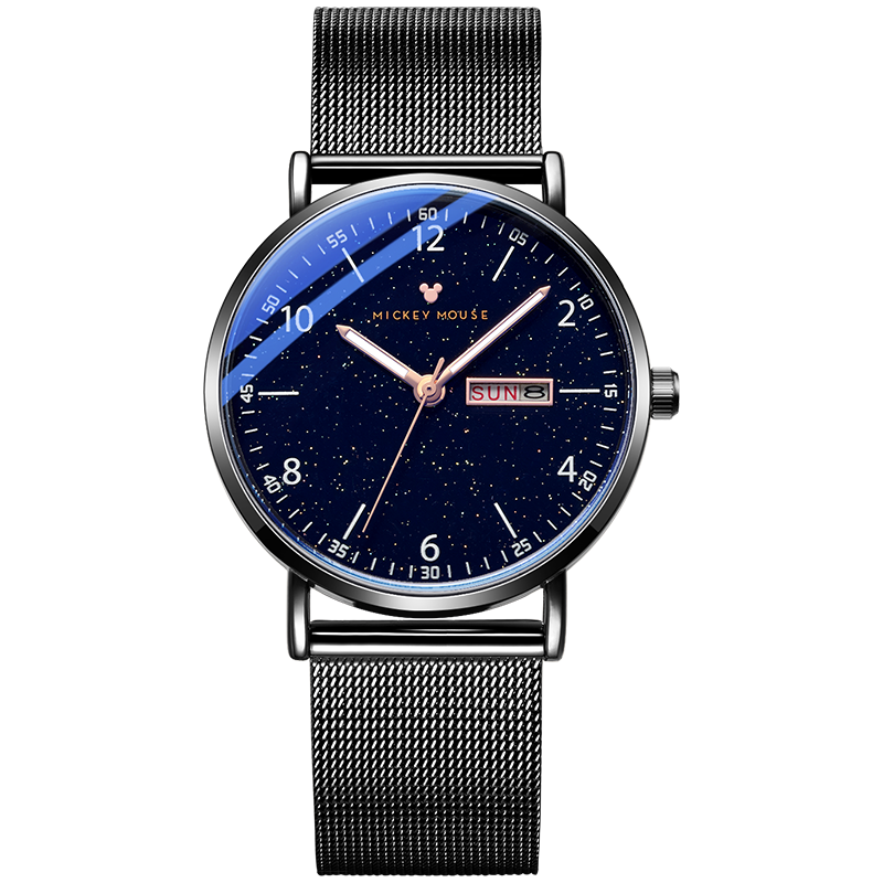 Disney Men's Watch, Fashionable Dual Calendar Quartz Watch, for Middle And High School Students, Teenagers, Men's Starry Sky Steel Strap Watch