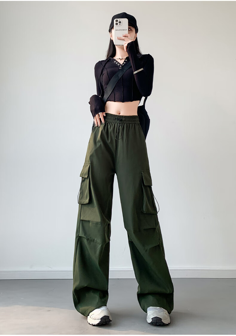 LangSha American-Style Parachute Cargo Pants for Women, Summer Ice Silk High-Waist Wide-Leg Loose Casual Quick-Dry Outdoor Sports Pants 36