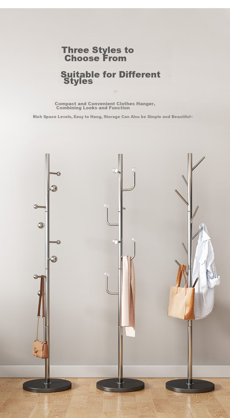 Milin Coat Rack, Floor-Standing Bedroom Clothes Hanger, Garment Stand Pole, Home Use Bag Rack, Stainless Steel Base with Branch Desig 7