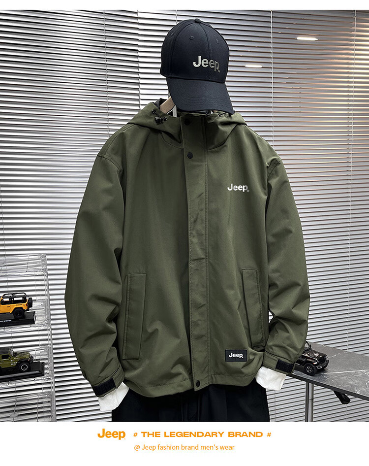 JEEP Men's Jacket, Spring And Autumn Casual Loose Windbreaker Workwear Clothing, Army Green, L 17