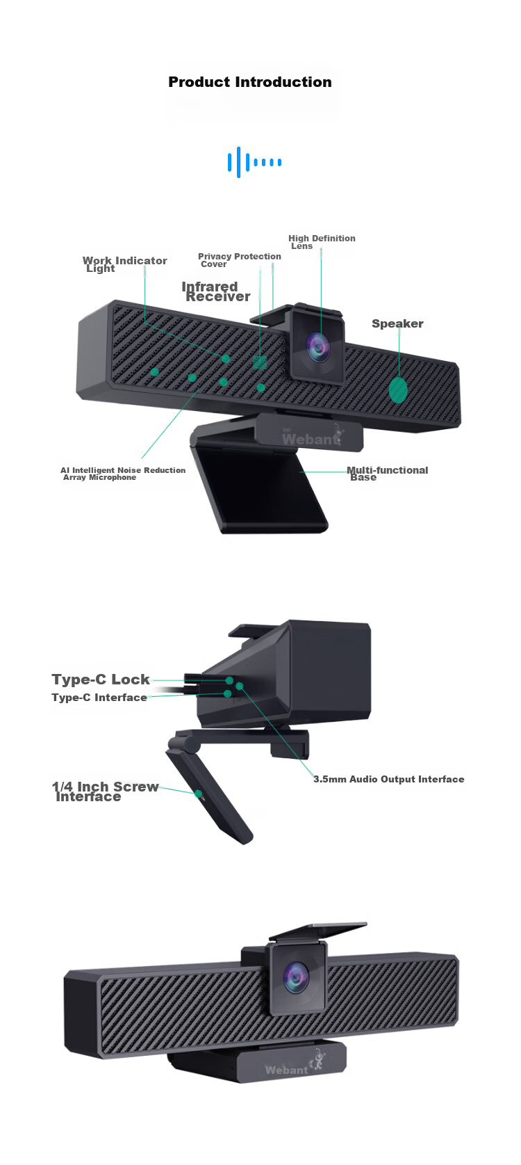 Aoni Computer Webcam, 2K High-Definition 4 Million Pixel Video, USB for Desktop And Laptop Computers, Built-In Dual Microphones, Plug And Play, C39 14