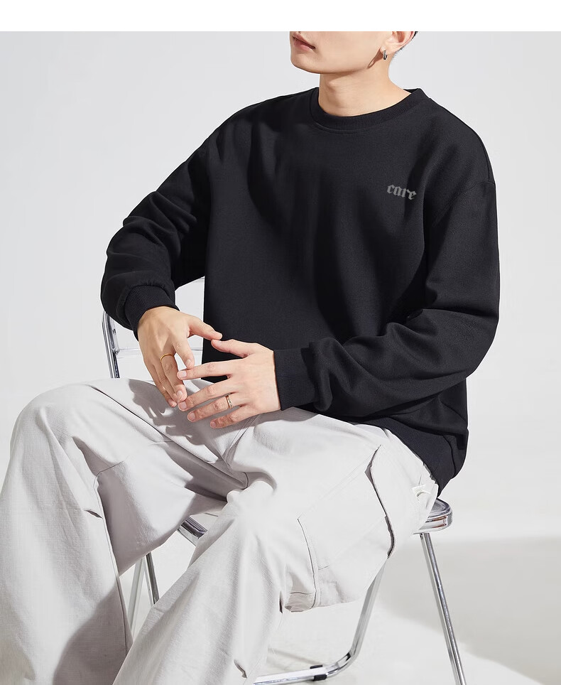 Huili Men's Sweatshirt, 320g Heavy Cotton, Autumn Long-Sleeve T-Shirt, Trendy Inner Layer, Loose-Fitting Men's Top, Black, Size L 13