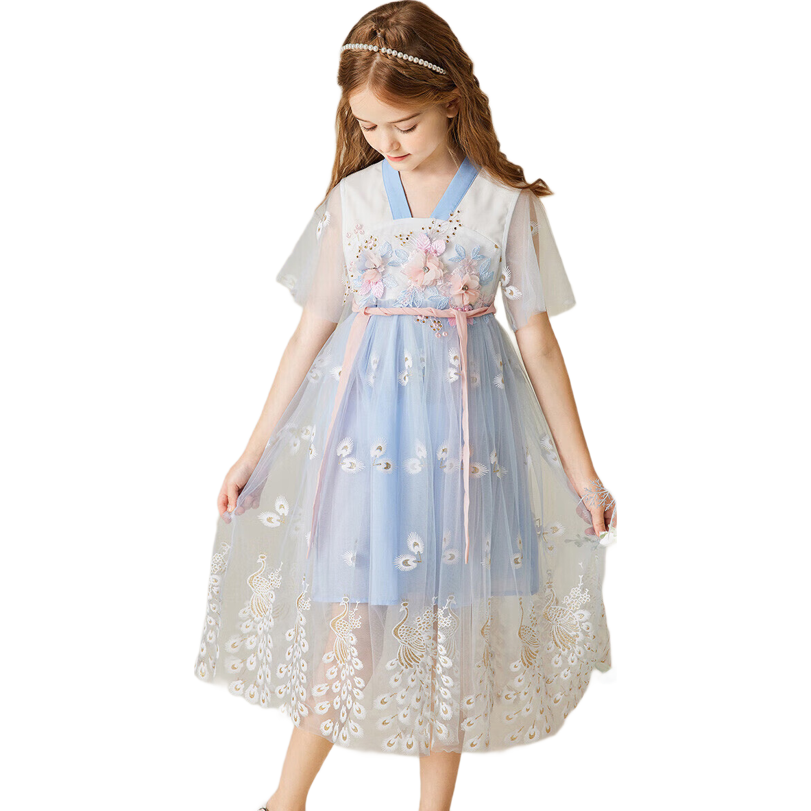 ASK JUNIOR Girls' Summer Dress, Vintage Hanfu Style for Older Children, Lightweight Short-Sleeve Mesh Princess Dress