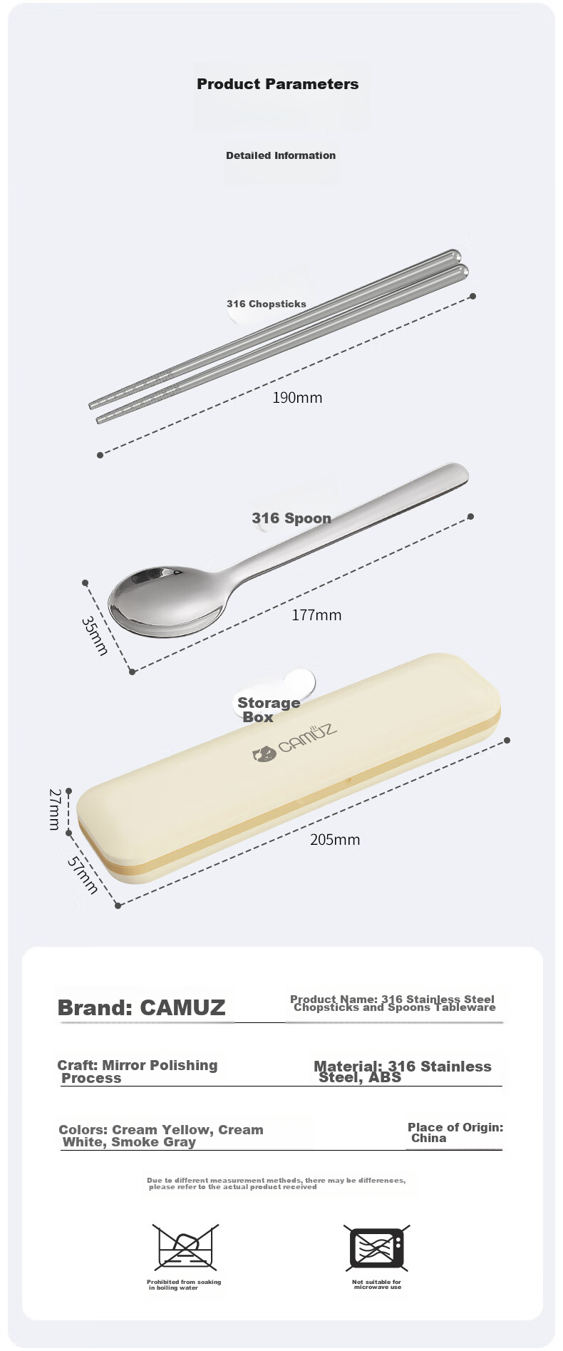CAMUZ Food-Grade 316 Stainless Steel Portable Cutlery Set with Chopsticks And Spoon for Students And Office Workers, Single-Person Dining Set with Utensil Box, White 3