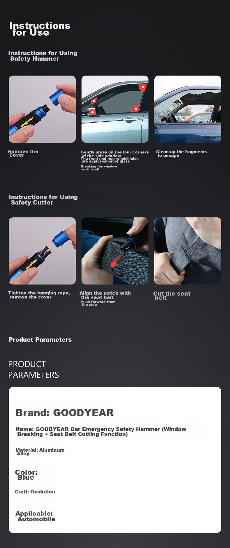 Goodyear Multi-Functional Safety Hammer, Rescue Hammer, Window Breaker, Gun-Style Tungsten Steel Head with Built-In Cutter for Emergency Rescue And General Use 11
