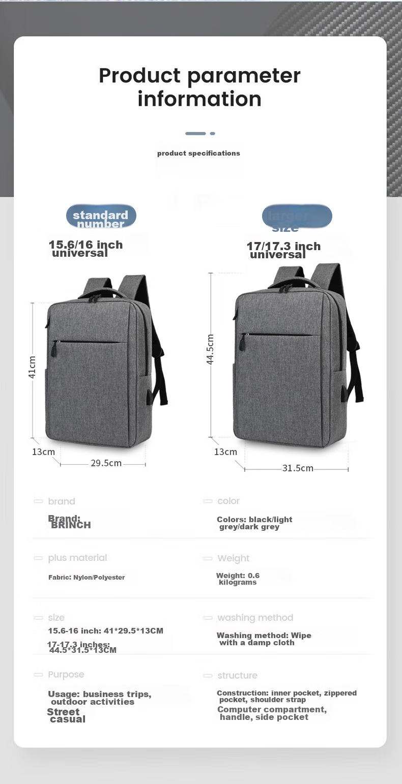 BRINCH Laptop Backpack for Men And Women, Business 15.6-Inch Large Capacity Travel Computer Bag 15
