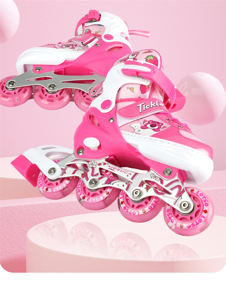Disney Strawberry Bear Children's Roller Skates, Full Flash Inline Skates, Adjustable Ice Skates for Girls, Beginner Skating Shoes 6